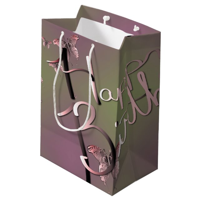Plum Moss "Happy Birthday" 3D Butterflies Medium Gift Bag (Back Angled)