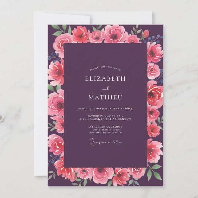 Plum Muted Coral Watercolor Wedding Invitation (Front)