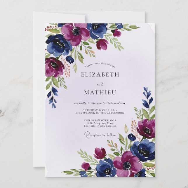 Plum Navy Artistic Winter Wedding Invitation (Front)