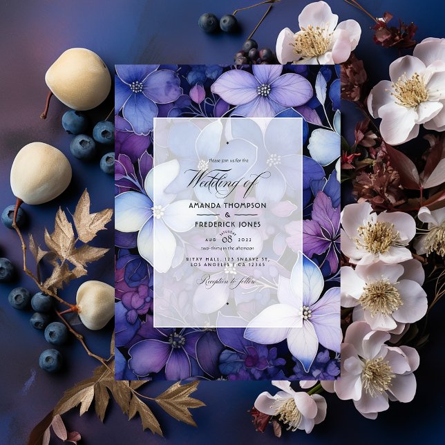 Plum, Navy Blue, and Silver Floral Wedding Invitation (Creator Uploaded)