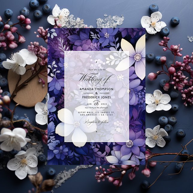 Plum, Navy Blue and Silver Floral Winter Wedding Invitation (Creator Uploaded)