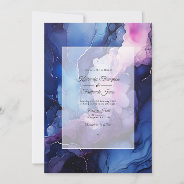Plum, Navy Blue and Silver Ink Wedding Invitation (Front)