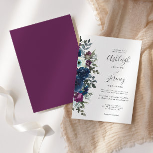 Plum Navy Blue Watercolor Floral Wedding Invitation