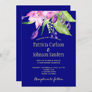 Plum navy watercolor summer floral wedding invitation