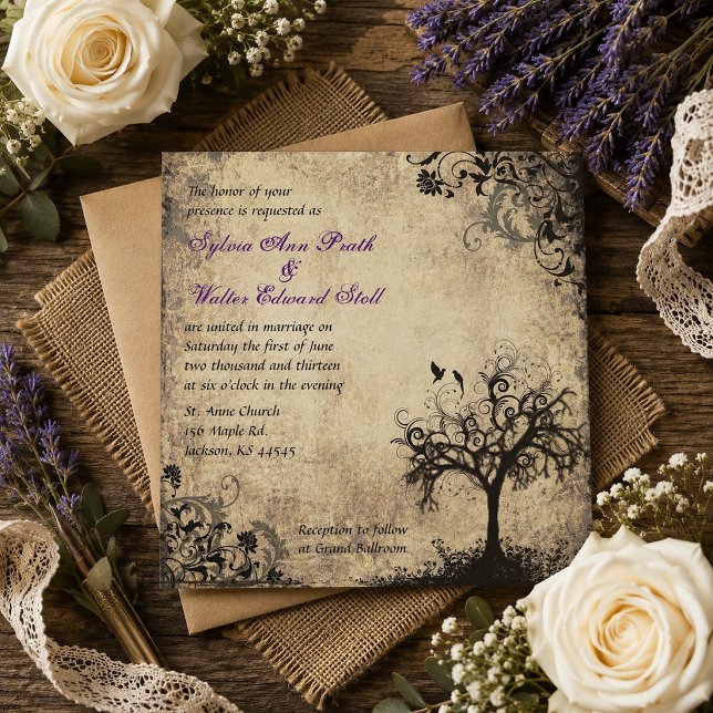 Plum New Life Vintage Tree Wedding Invitation (Plum New Life Vintage Tree Wedding Invitation )
