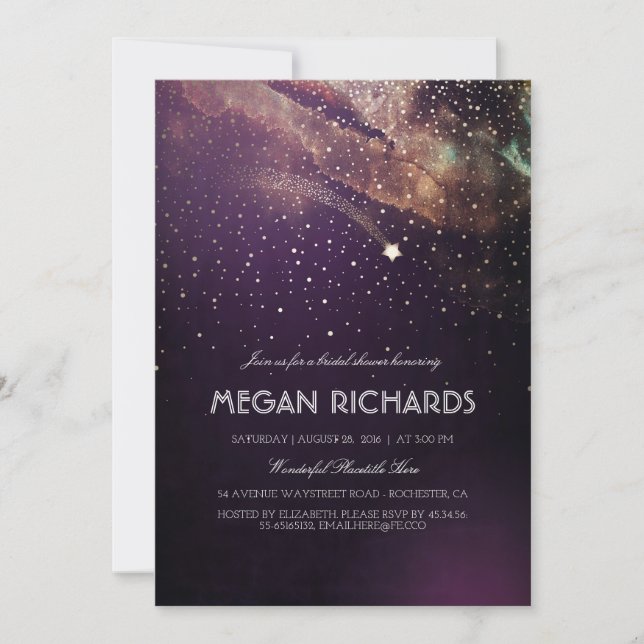Plum Night Gold Shooting Star Bridal Shower Invitation (Front)