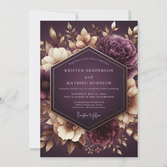 Plum Nocturne Floral Romance Wedding Invitation (Front)