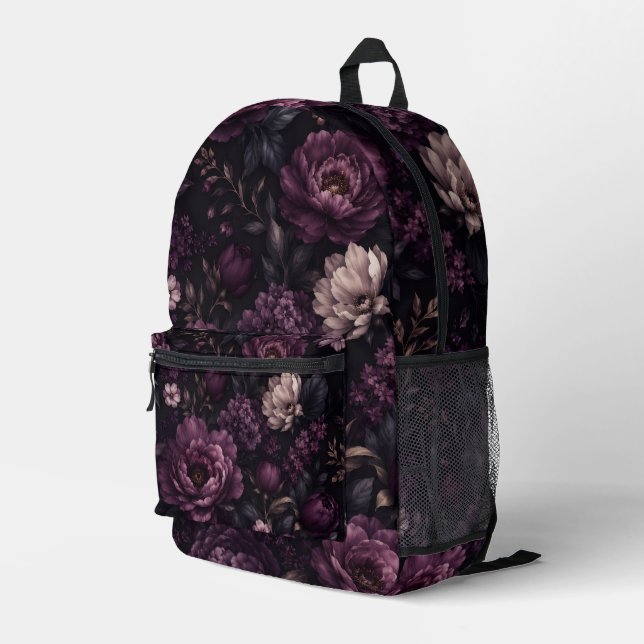 Plum Noir Floral Printed Backpack (Back Corner Right)