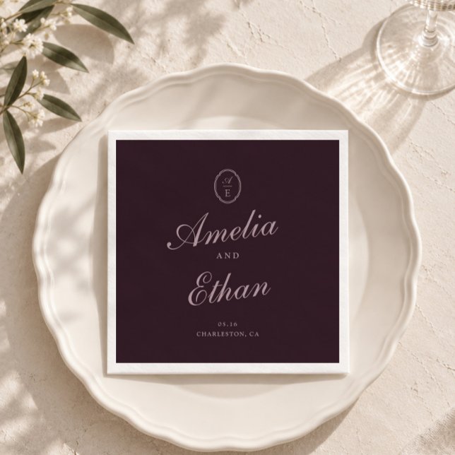 Plum Noir Monogram Wedding Napkins (Creator Uploaded)