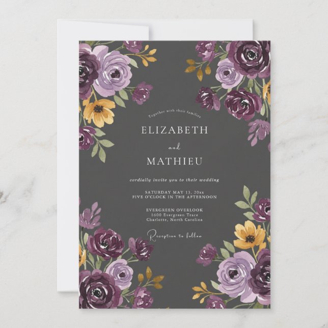 Plum Ochre Painted Leaf Wedding Invitation (Front)