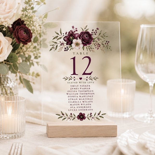 Plum Olive Botanical Wedding Acrylic Seating Chart Invitations (Creator Uploaded)