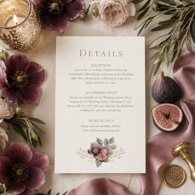 Plum & Olive Botanical Wedding Details Card (Plum & Olive Botanical Wedding Details Card)