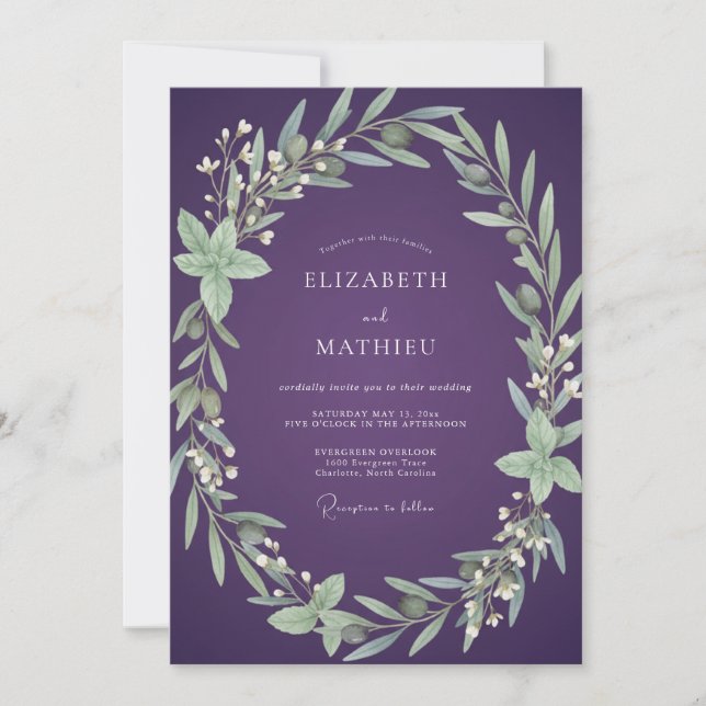 Plum Olive Leaf Wedding Invitation (Front)