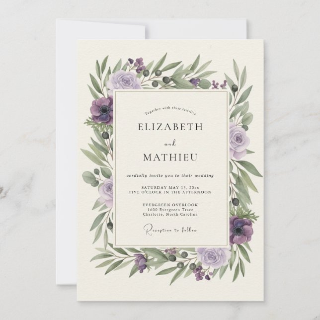Plum Olive Peony Wedding Invitation (Front)