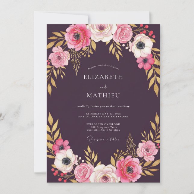 Plum Opulent Botanical Floral Wedding Invitation (Front)