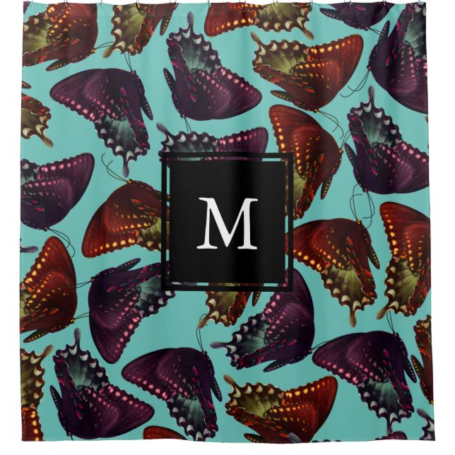 Plum Orange Butterflies Swarm Monogram Shower Curtain (Front)