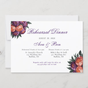 Plum & Orange Peony Silver Rehearsal Dinner Invitation