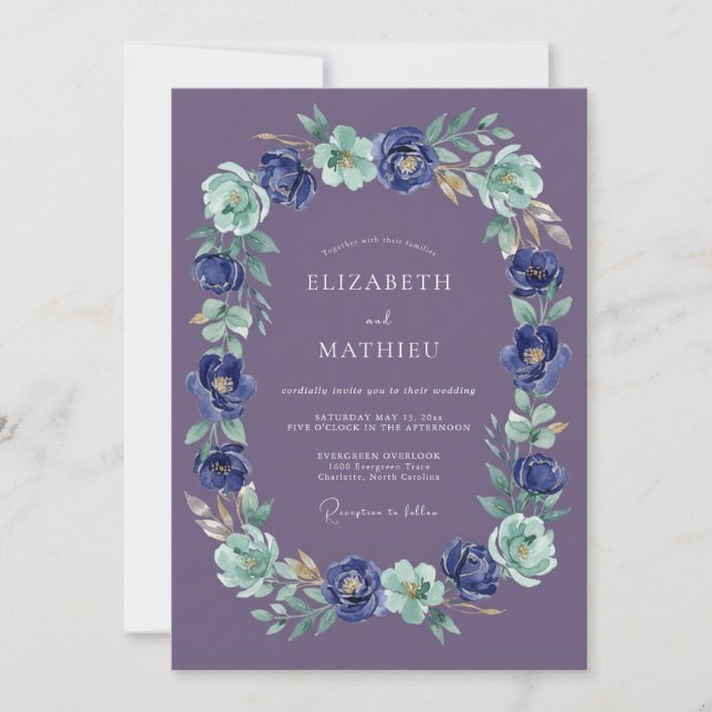 Plum Painterly Floral Oval Wedding Invitation (Front)