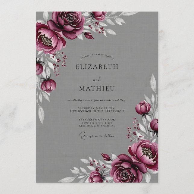 Plum Painterly Floral Wedding Invitation (Front)
