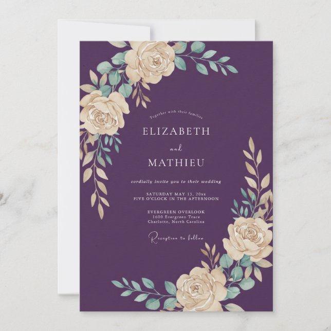 Plum Painterly Rose Wedding Invitation (Front)
