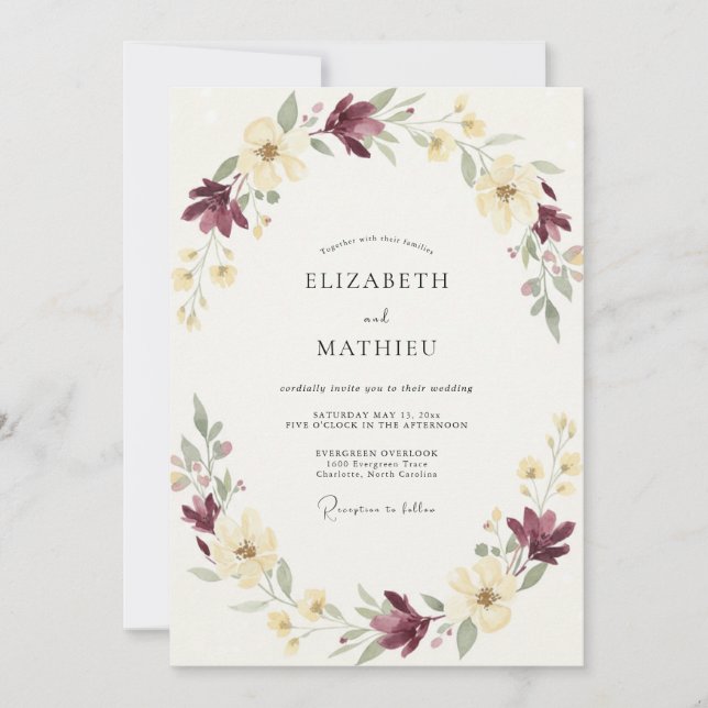 Plum Pale Cream Wildflower Wedding Invitation (Front)