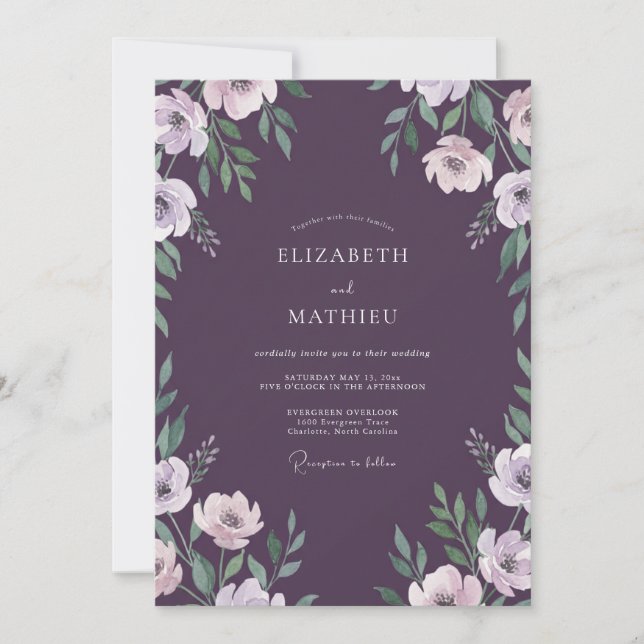 Plum Pale Lavender Leafy Wedding Invitation (Front)