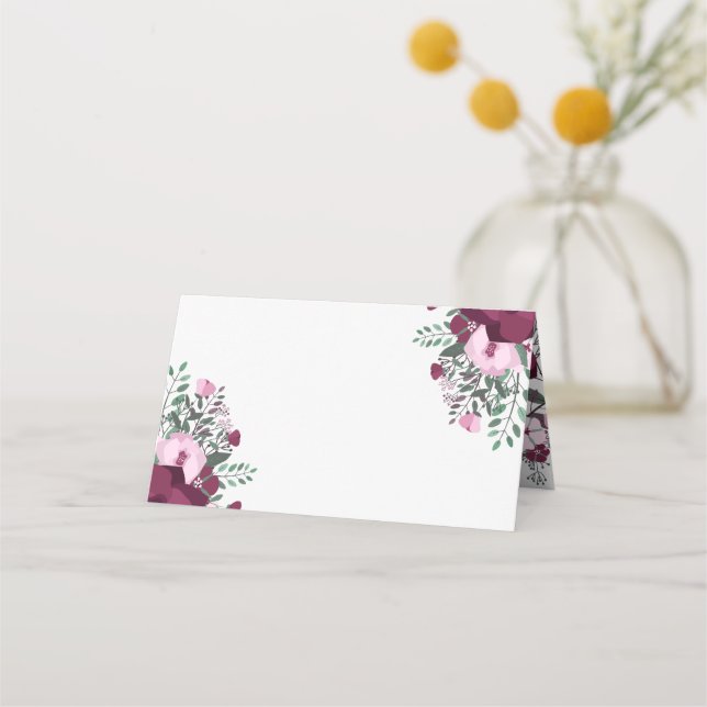Plum & Pale Pink Rose Bouquet Place Card (Front)