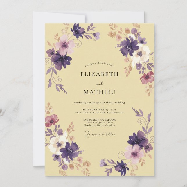 Plum Pale Yellow Petal Wedding Invitation (Front)
