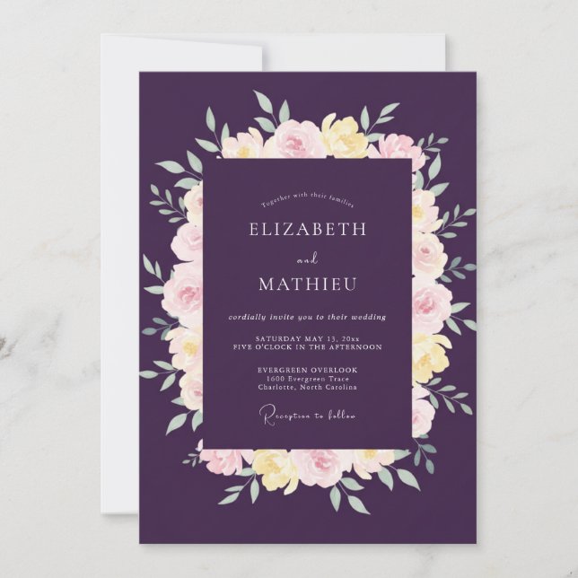 Plum Pastel Ranunculus Eucalyptus Wedding Invitation (Front)