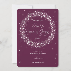 Plum Peace Love+Joy Sparkling Lights Christmas Holiday Card