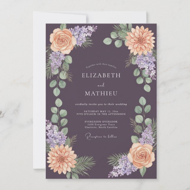 Plum Peach Dahlia Wedding Invitation (Front)