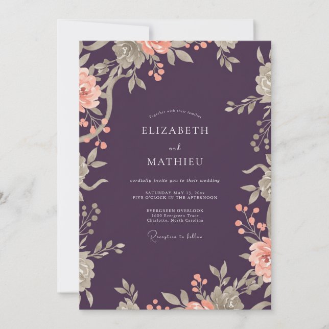Plum Peach Romantic Floral Wedding Invitation (Front)