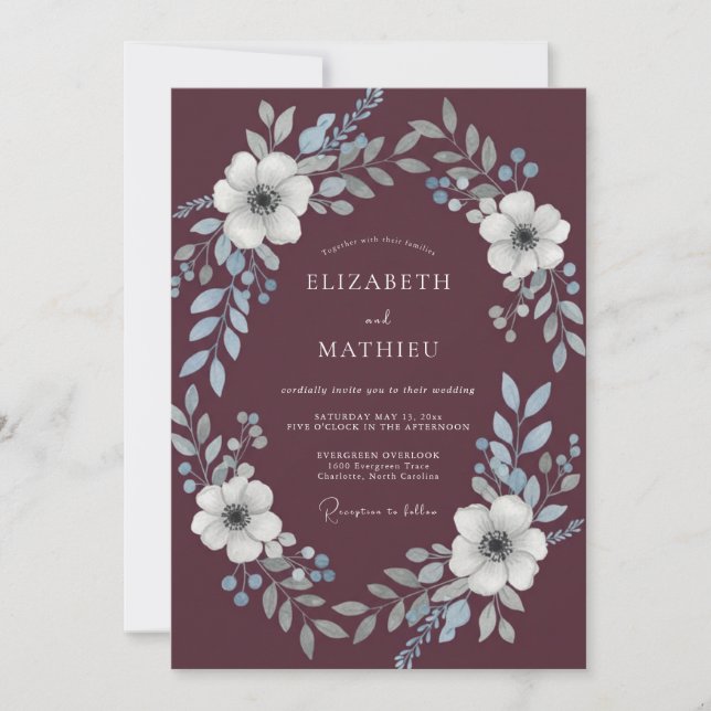 Plum Pearl Silver Wreath Wedding Invitation (Front)