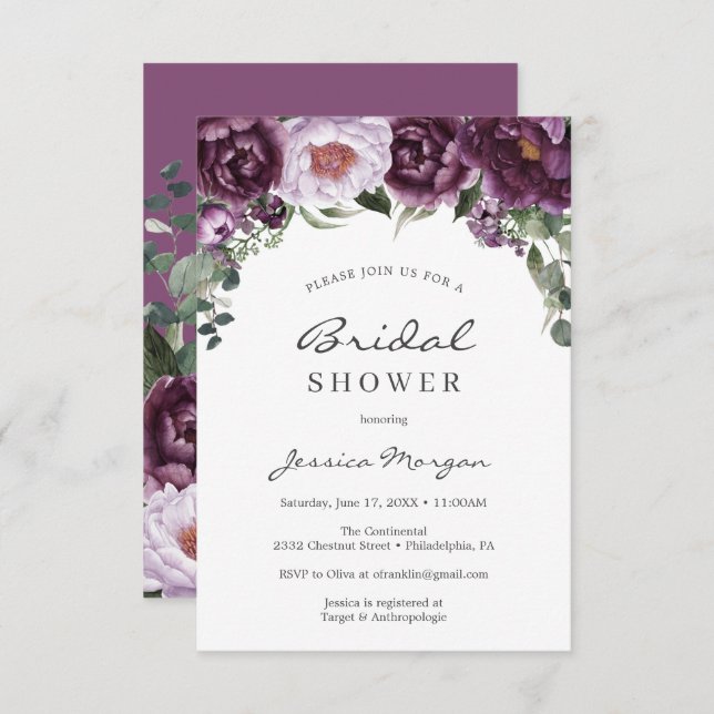 Plum Peonies Bridal Shower Invitation Card (Front/Back)