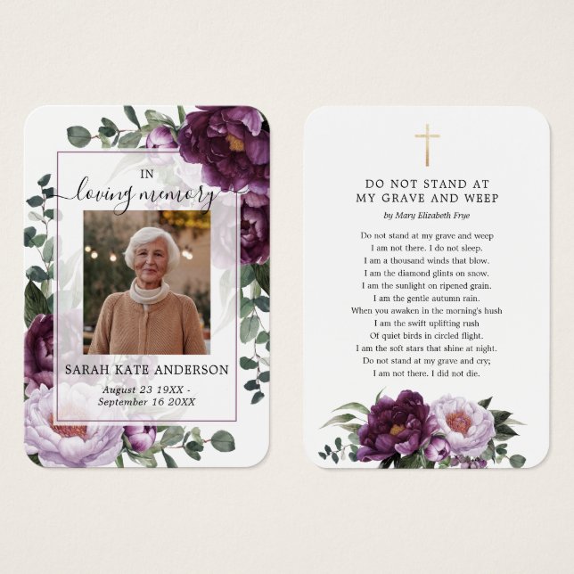 Plum Peonies Funeral In Loving Memory Poem Card (Front & Back)