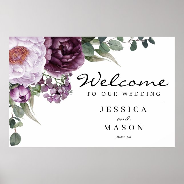 Plum Peonies Purple Floral Wedding Welcome Sign (Front)