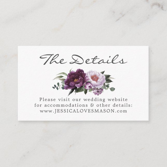 Plum Peonies Wedding Website Insert Card (Front)