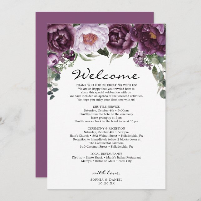 Plum Peonies Wedding Welcome Itinerary Program Programme (Front/Back)