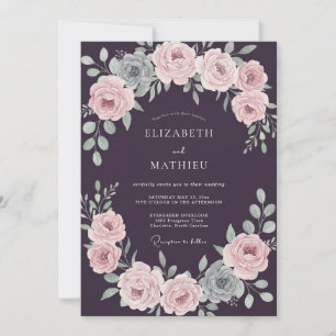 Plum Petal Pink Ranunculus Eucalyptus Wedding Invitation