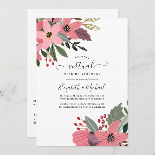 Plum Pink and Gold Floral Online Virtual Wedding Invitation (Front/Back)
