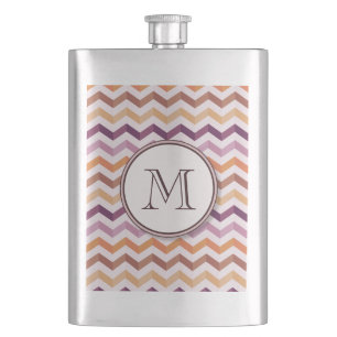 Plum Pink Candy Chevron Stripes and Round Monogram Hip Flask