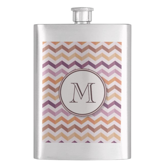 Plum Pink Candy Chevron Stripes and Round Monogram Hip Flask (Front)