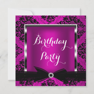 Plum Pink Damask Silver Black Birthday Party 2 Invitation
