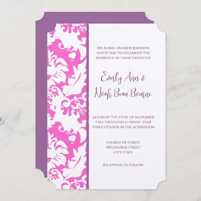 Plum & Pink Damask Wedding Invitations (Front/Back)