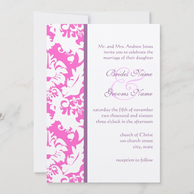 Plum & Pink Damask Wedding Invitations (Back)