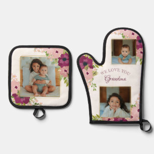 Plum & Pink Floral I Love You Grandma Photos Oven Mitt & Pot Holder Set