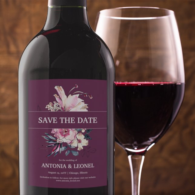 Plum Pink Floral Wedding Save the date Wine Label (Creator Uploaded)