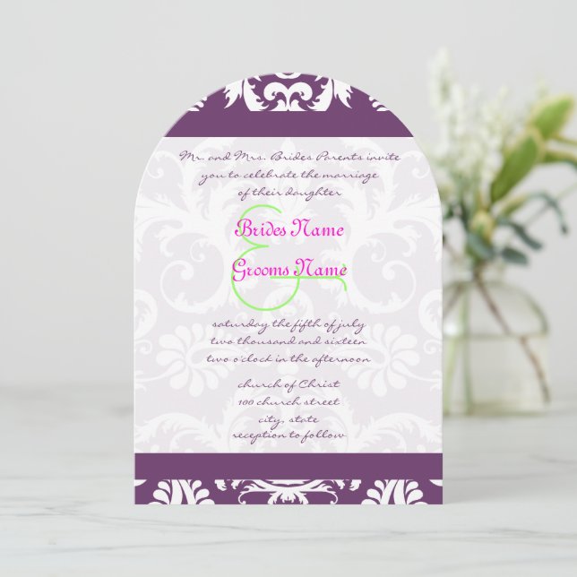 Plum Pink Lime Damask Swirl Wedding Invitations (Standing Front)