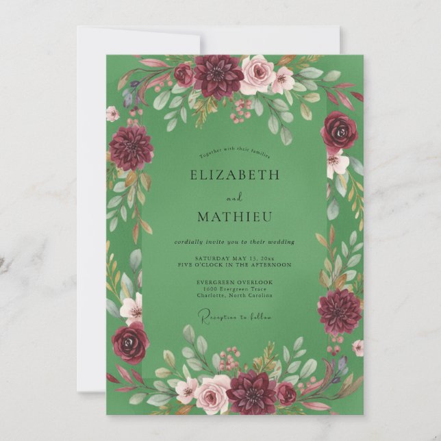 Plum Pistachio Wreath Wedding Invitation (Front)