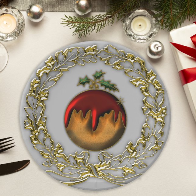 Plum Pudding and Gold Wreath Christmas Paper Plate (Creator Uploaded)